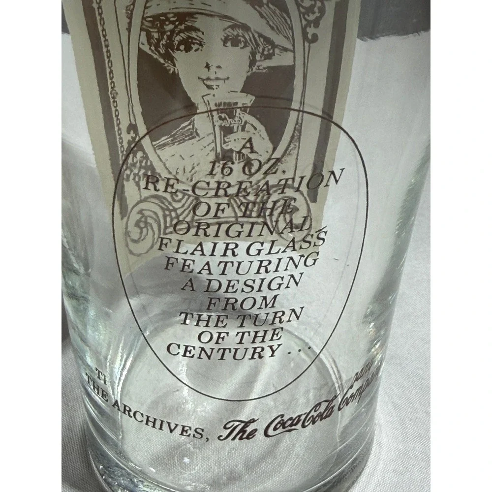Coca-Cola Archives 16oz Flair‎ Glass Set of 2 Turn of the Century Design Sepia